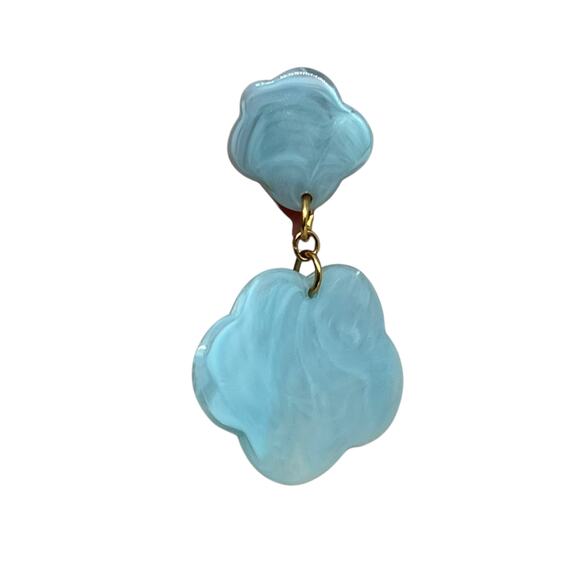 Vtg Aqua Blue Flower Drop Earring Post Back Gold Tone Marbled Acrylic Statement - Picture 6 of 8